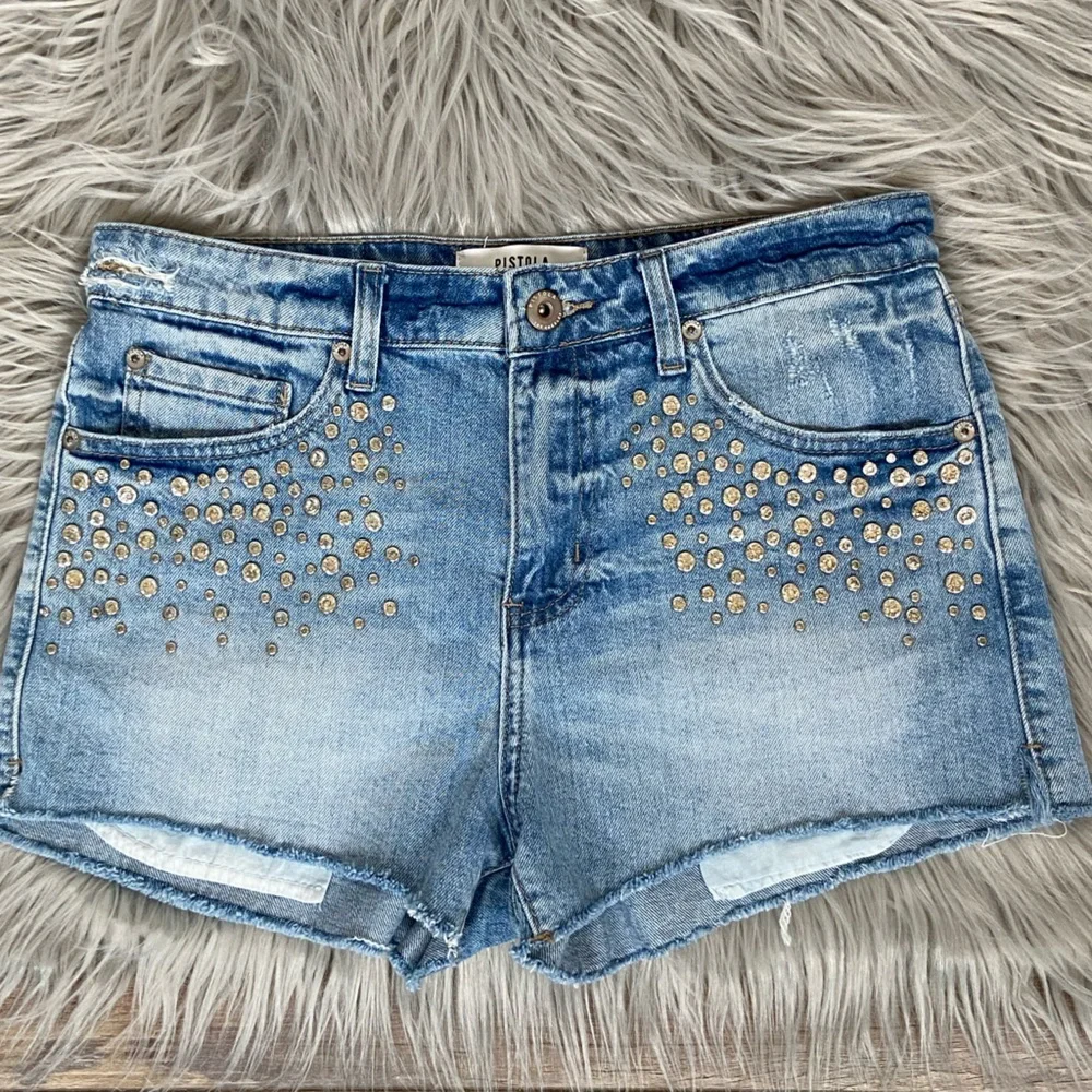 Pistola Rhinestone Crystal‎ Studded Cutoff Sz 27 Denim Blue Boho Festival Hippie